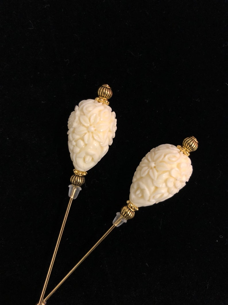 Cream/Ivory and gold hat pins: 7.5cm or 15cm long image 3