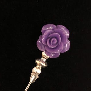 Purple rose pins/hat pins/stick pins/lapel pins/hijab pins in a choice of lengths