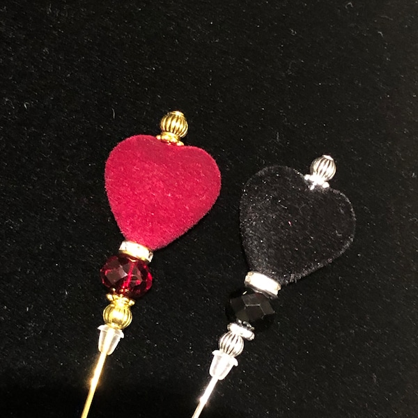 Red or black velvet heart and crystal beaded hat pins in silver or gold with choice of length