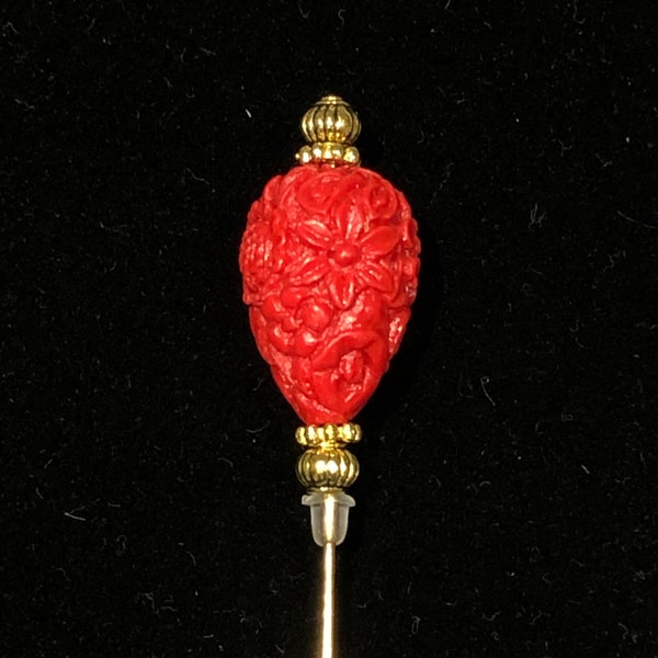 Red cinnabar and gold hat pins: 7.5cm or 15cm long