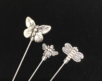 Alfileres de sombrero de plata tibetana mariposa libélula o abeja. Elección de longitud