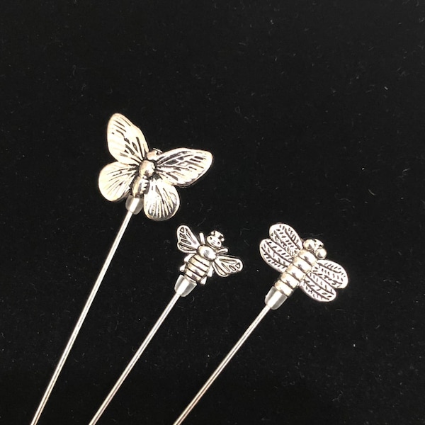 Épingles à chapeau en argent tibétain papillon, libellule ou abeille. Longueur au choix