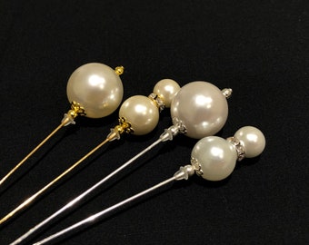 Beautiful long Pearl hat pins in a choice of designs, silver or gold