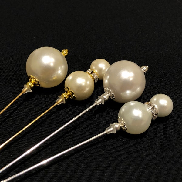 Beautiful long Pearl hat pins in a choice of designs, silver or gold