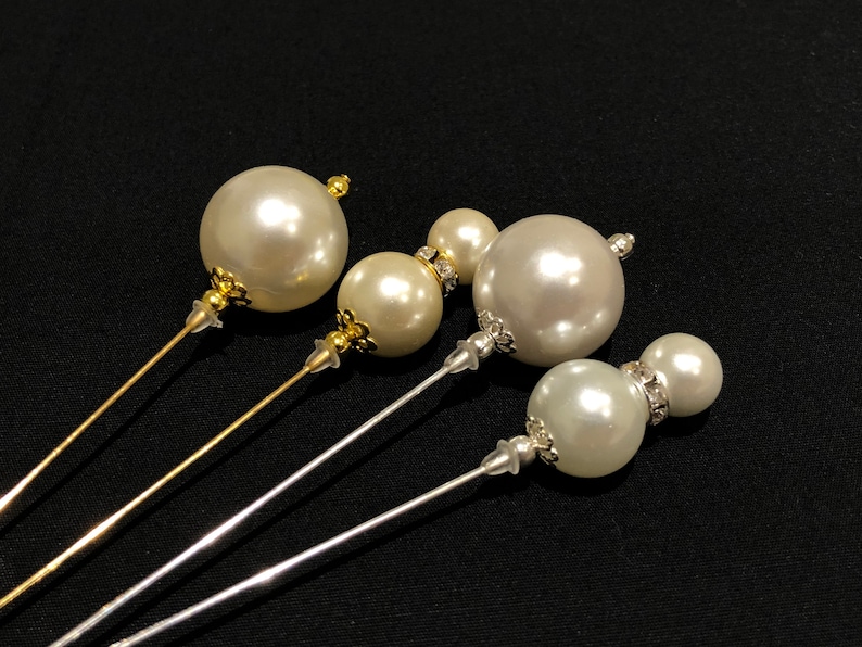 Beautiful long Pearl hat pins in a choice of designs, silver or gold image 1