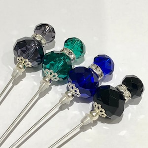 Crystal and rhinestone silver hat pins in a choice of colours: long 15cm