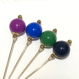 Colourful Long Gold hat pins: dark blue, bright blue, purple or green