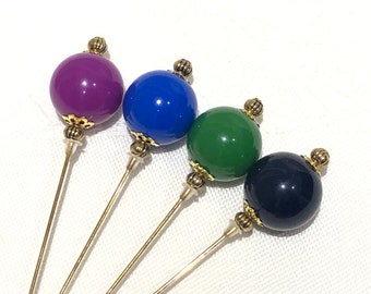 Colourful Long Gold hat pins: dark blue, bright blue, purple or green