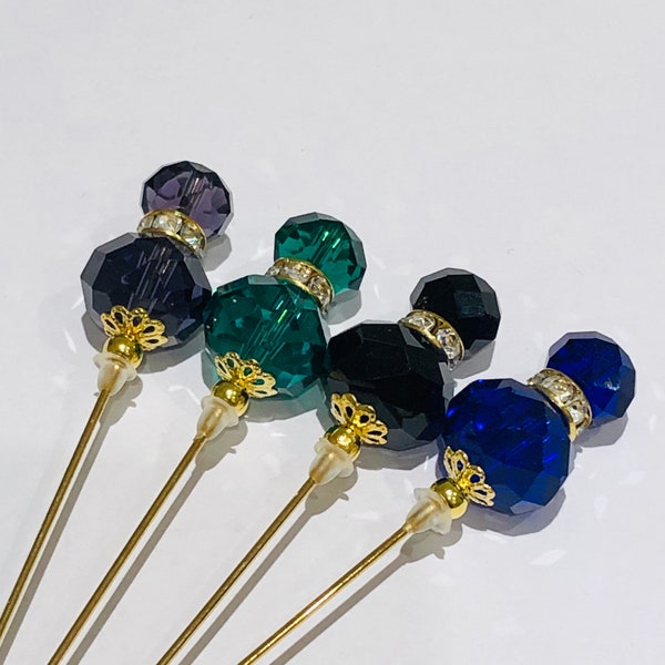 Crystal and rhinestone gold hat pins in a choice of colours: long 15cm