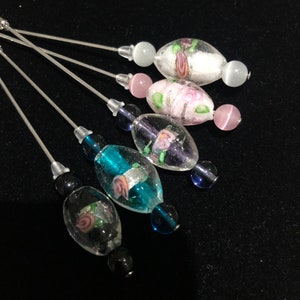 Glass foil beaded hat pins with rose design, choice of colours and lengths