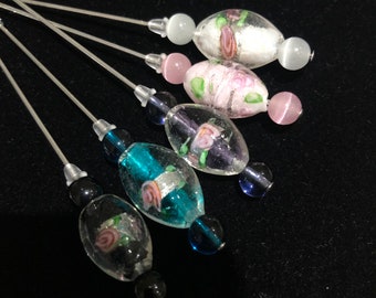 Glass foil beaded hat pins with rose design, choice of colours and lengths