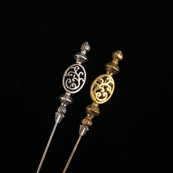 Ornate hatpins in Silver or Gold and a choice of lengths: 15cm or 7.5cm
