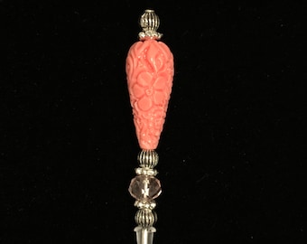 Carved coral and crystal silver hat pins: 15cm long