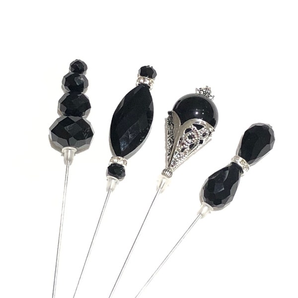 Black beaded hat pins. A selection of 4 beautiful designs 6 inches long