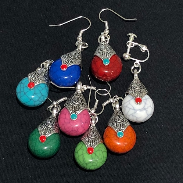 Tibetan style drop earrings in a choice of colours: hook or screw clip