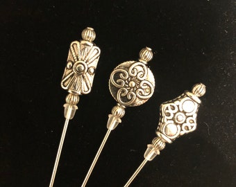 Tibetan Silver hat pins. A selection of 3 beautiful designs in a choice of lengths