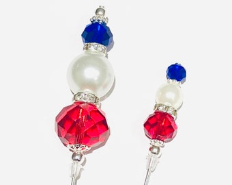Rot, blau, weiße Hut- oder Anstecknadel mit Kristall, Perle und Strass. Auswahl der Größe