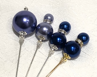 Beautiful long Blue or Violet Pearl hat pins in a choice of designs, silver or gold, 15cm