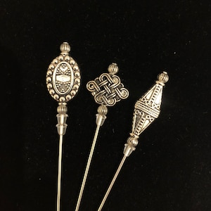 Tibetan Silver hat pins. A selection of 3 beautiful designs in a choice of lengths