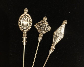 Tibetan Silver hat pins. A selection of 3 beautiful designs in a choice of lengths