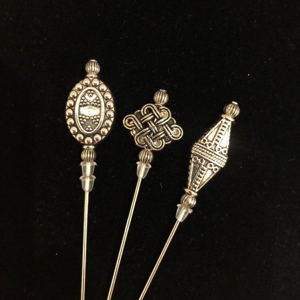 Tibetan Silver hat pins. A selection of 3 beautiful designs in a choice of lengths