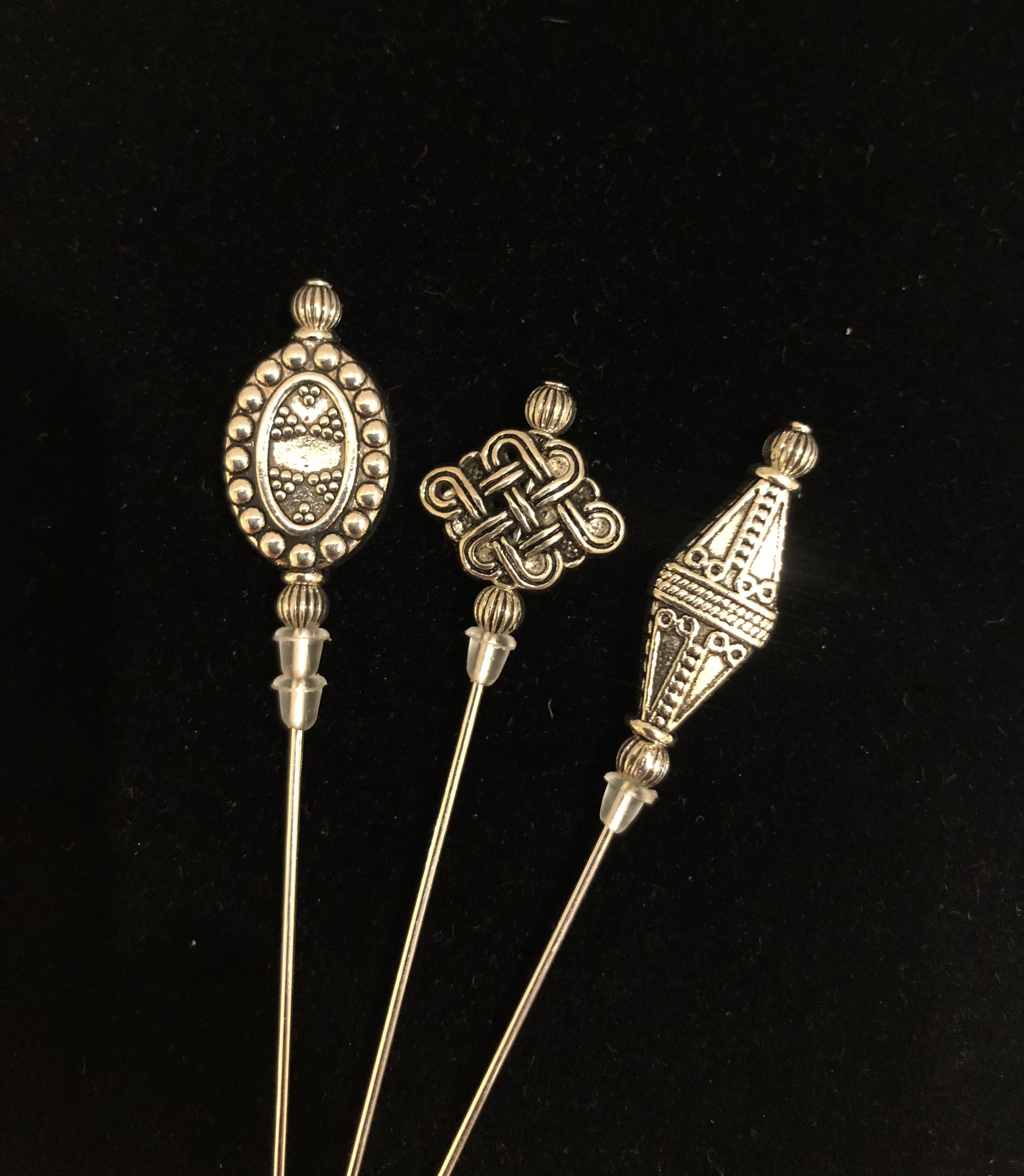 Tibetan Silver hat pins. A selection of 3 beautiful designs in a choice of lengths