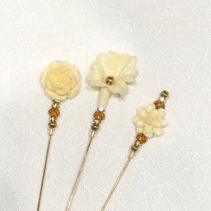 Alfileres de sombrero de flores de marfil y oro/alfileres de solapa/alfileres de hijab: una selección de 3 hermosos diseños en 2 longitudes imagen 6