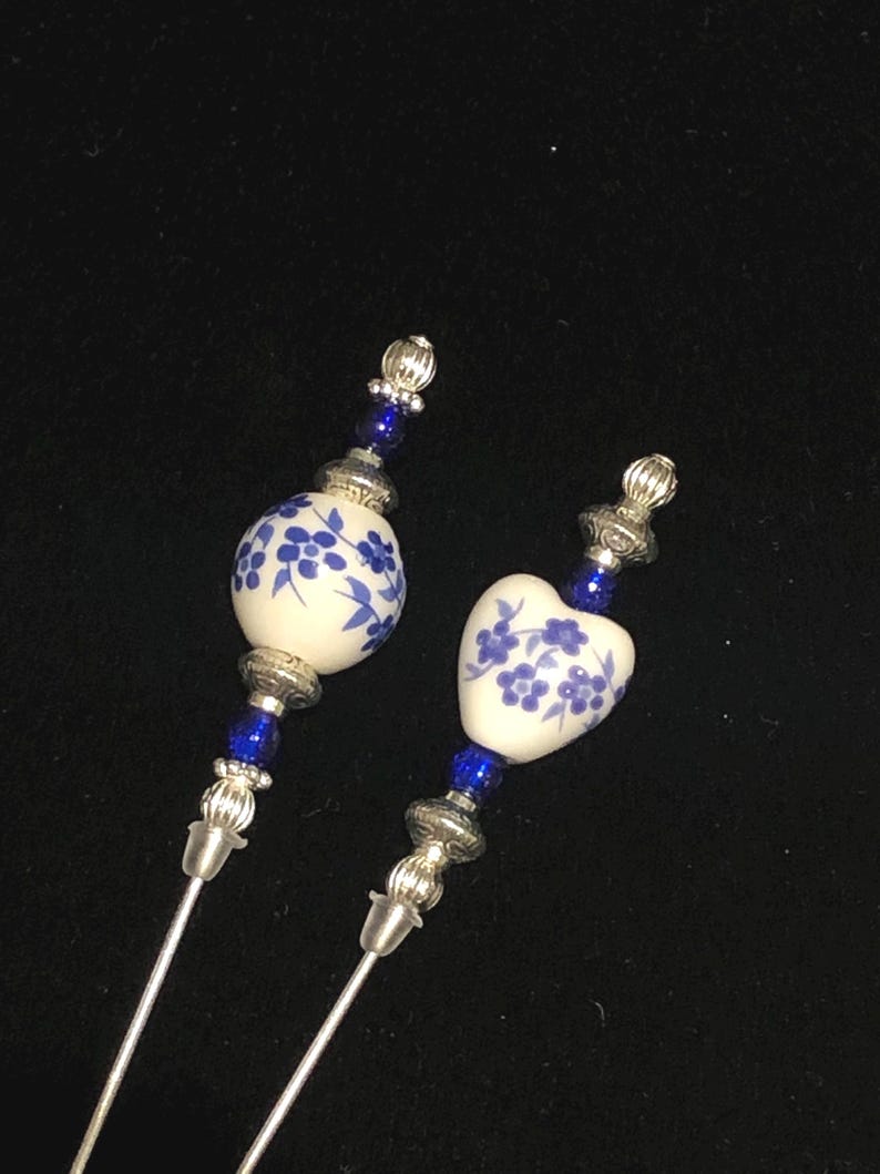 Beautiful Pin Blue Flower Pattern Porcelain and Silver Hat Pins/lapel Pins /hijab ...