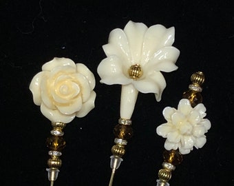 Ivory and gold flower hat pins/lapel pins /hijab pins: A selection of 3 beautiful designs in 2 lengths