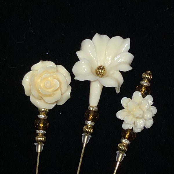 Ivory and gold flower hat pins/lapel pins /hijab pins: A selection of 3 beautiful designs in 2 lengths