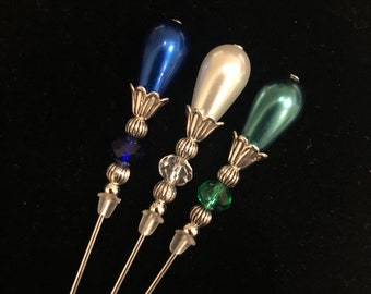Teardrop Pearl, Crystal and Tibetan silver hatpins in a choice of 3 colours and 2 lengths