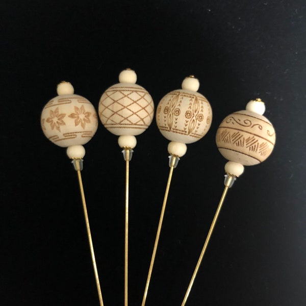 Wooden beaded hat pins. Choose from 4 beautiful designs 15cm long