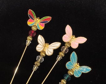 Emaille Schmetterling Pin, Hutnadel, Hijab Pin, Anstecknadel: Auswahl aus 4 Farben und 2 Längen