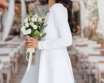 White Midi Dress Long Sleeve, High Collar Dress Swing, Courthouse Wedding  Dress, Casual Civil Wedding, Modest Dresses for Women TAVROVSKA - Etsy
