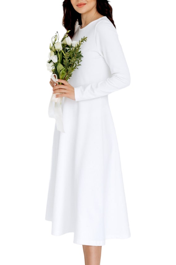 Long Sleeve White Midi Dress | Dress for Fall - Winter | SIZE S