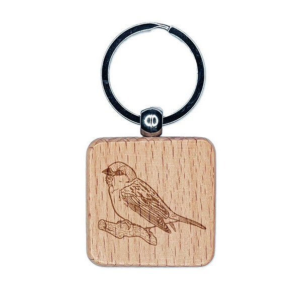 House Sparrow Bird on Branch Engraved Wood Square Keychain Tag Charm