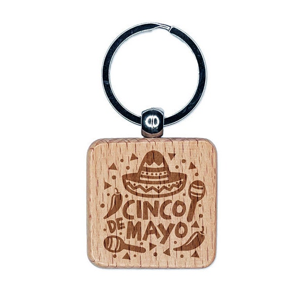 Cinco De Mayo with Sombrero Maracas Engraved Wood Square Keychain Tag Charm