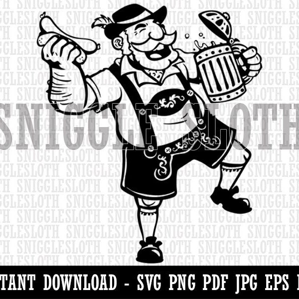 Jolly Bayrischer Mann in Lederhosen mit Bierkrug Wurst Clipart Digital Download SVG EPS PNG pdf ai dxf jpg Cut Files