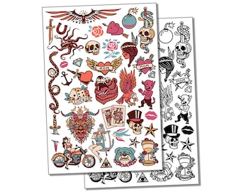 American Traditional Vintage Old Style Temporary Tattoo Water Resistant Fake Body Art Set Collection