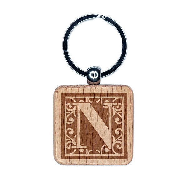 Monogram Swirls Capital Letter N Engraved Wood Square Keychain Tag Charm