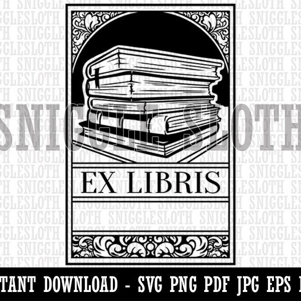 Ex Libris Bookplate Stack of Books Reading Clipart Digital Download SVG EPS PNG pdf ai dxf jpg Cut Files Commercial Use