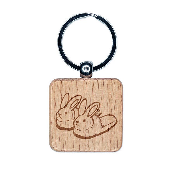 Cute and Fluffy Bunny Slippers Engraved Wood Square Keychain Tag Charm