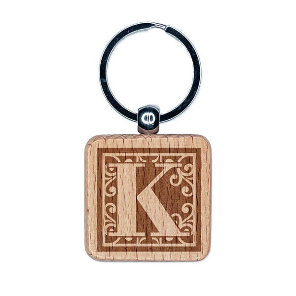 Monogram Swirls Capital Letter K Engraved Wood Square Keychain Tag Charm