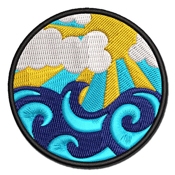 Sun Clouds and Ocean Waves Multi-Color Embroidered Iron-On Patch Applique