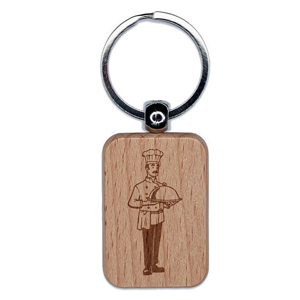 Sous Chef De Cuisine Kitchen Cook with Serving Tray Engraved Wood Rectangle Keychain Tag Charm