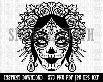 Dia De Los Muertos Woman Skull Face Day of Dead Clipart Digital Download SVG EPS PNG pdf ai dxf jpg Cut Files Commercial