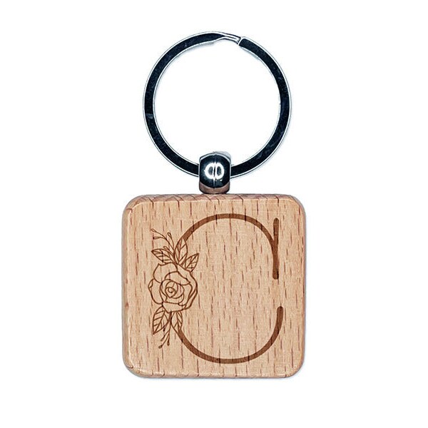 Rose Typewriter Font Capital Letter C Engraved Wood Square Keychain Tag Charm