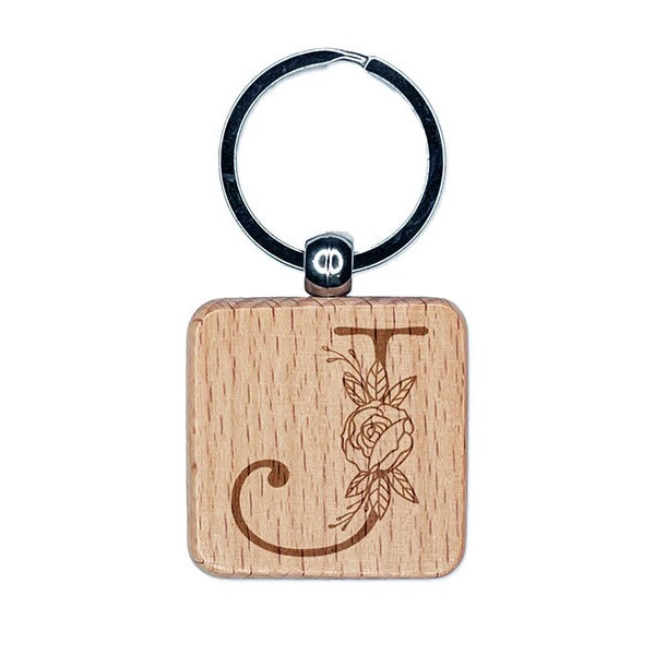 Rose Typewriter Font Capital Letter J Engraved Wood Square Keychain Tag Charm