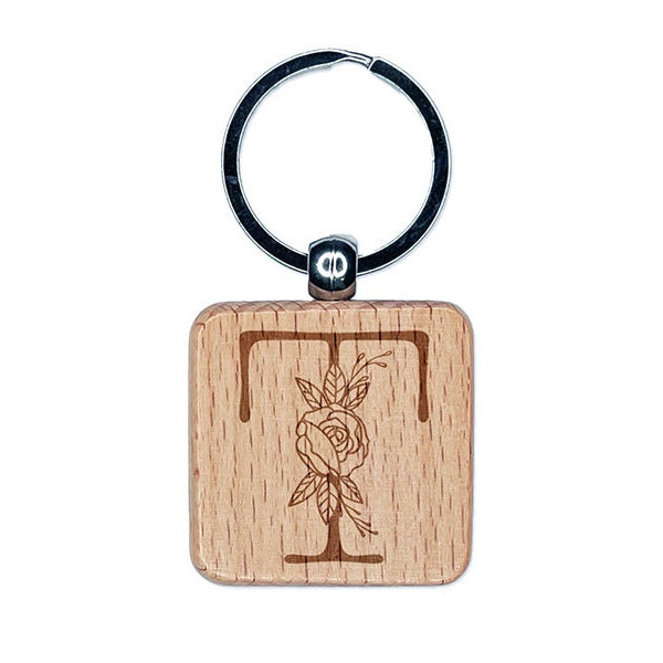 Rose Typewriter Font Capital Letter T Engraved Wood Square Keychain Tag Charm