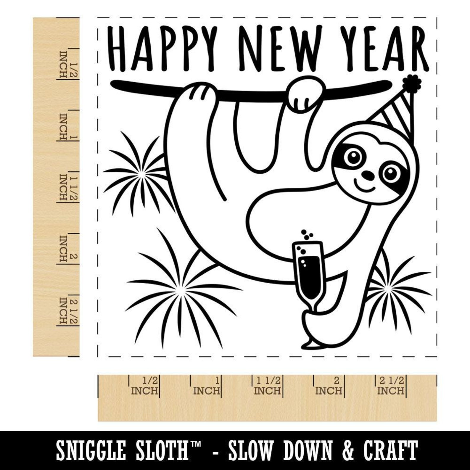 Happy New Year Sloth With Champagne Square Rubber Stamp for | Etsy